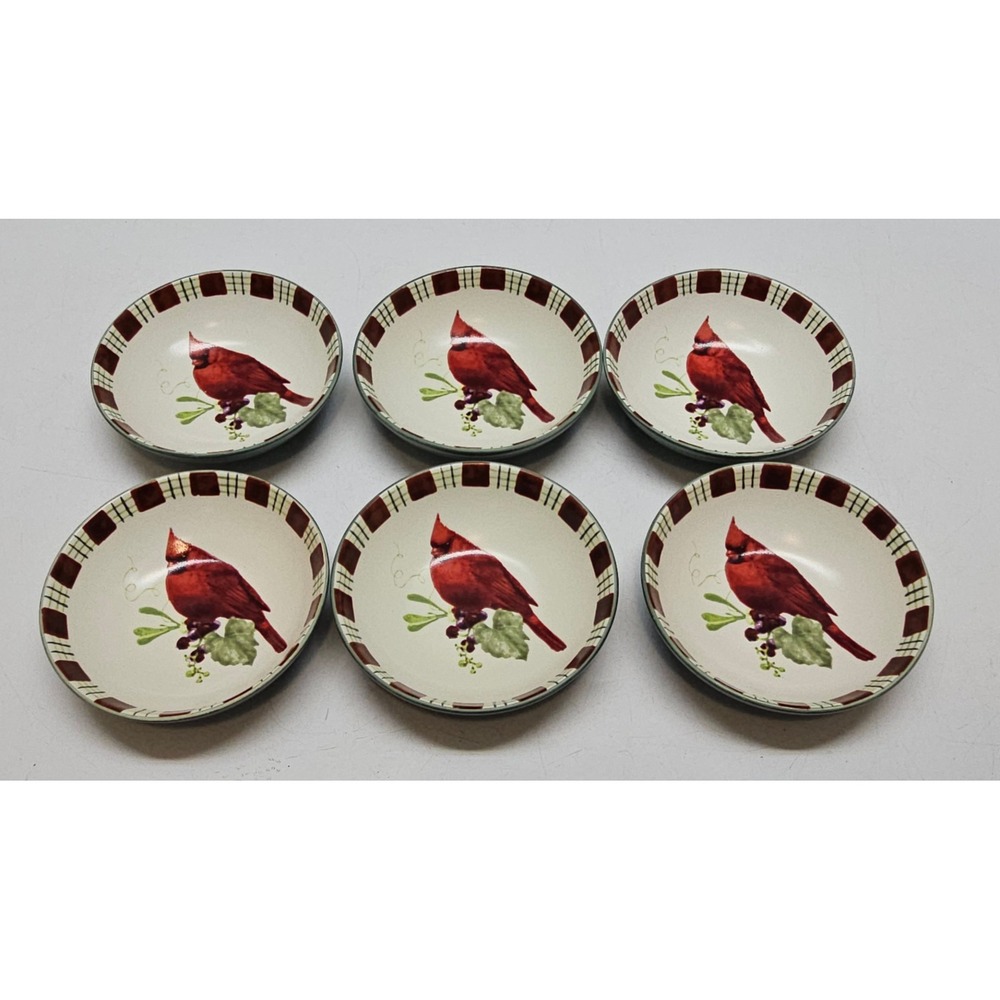 Lenox Winter Greetings Everyday Cardinal Sauce Dish Set of 6 Green Plaid 4.25"